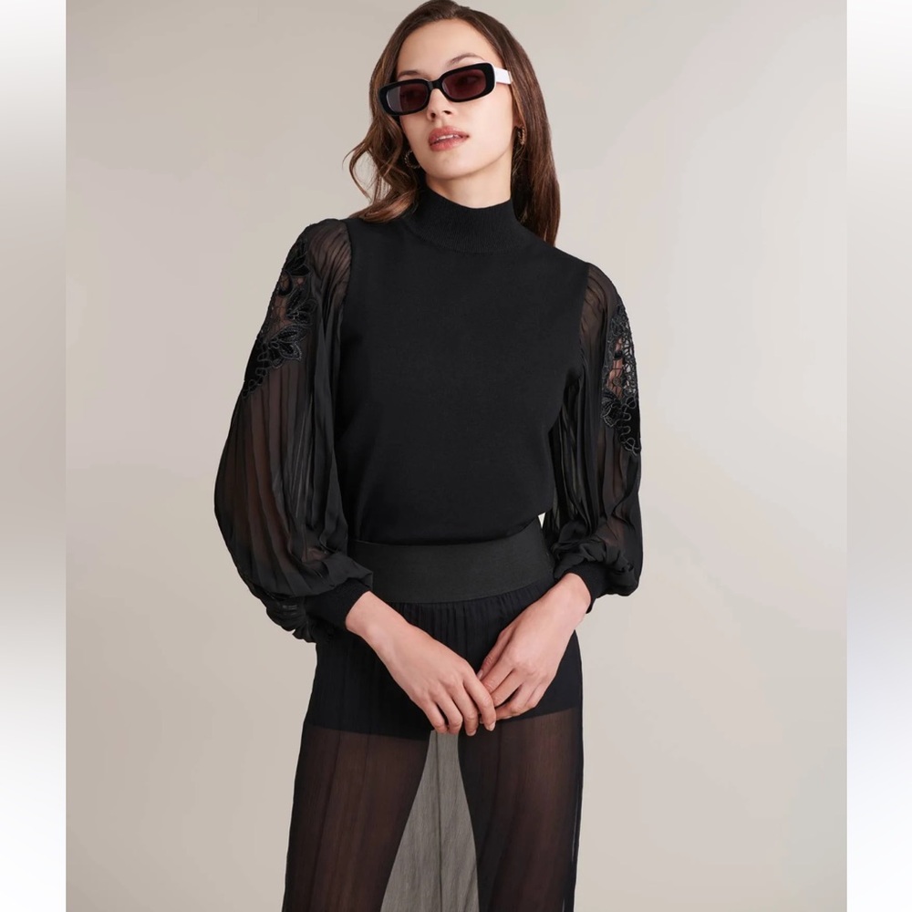 Anne Fontaine Bal Top Knit Blouse Sheer Pleated Lace Long Sleeve Black Small NEW